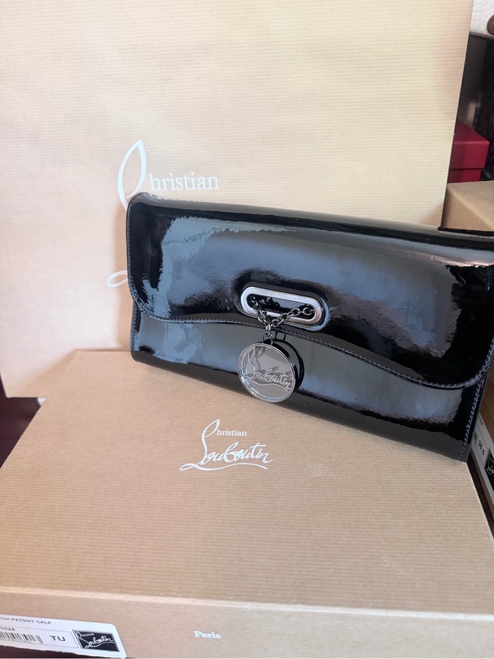 Christian Louboutin Glossy Black Patent Clutch with Charm